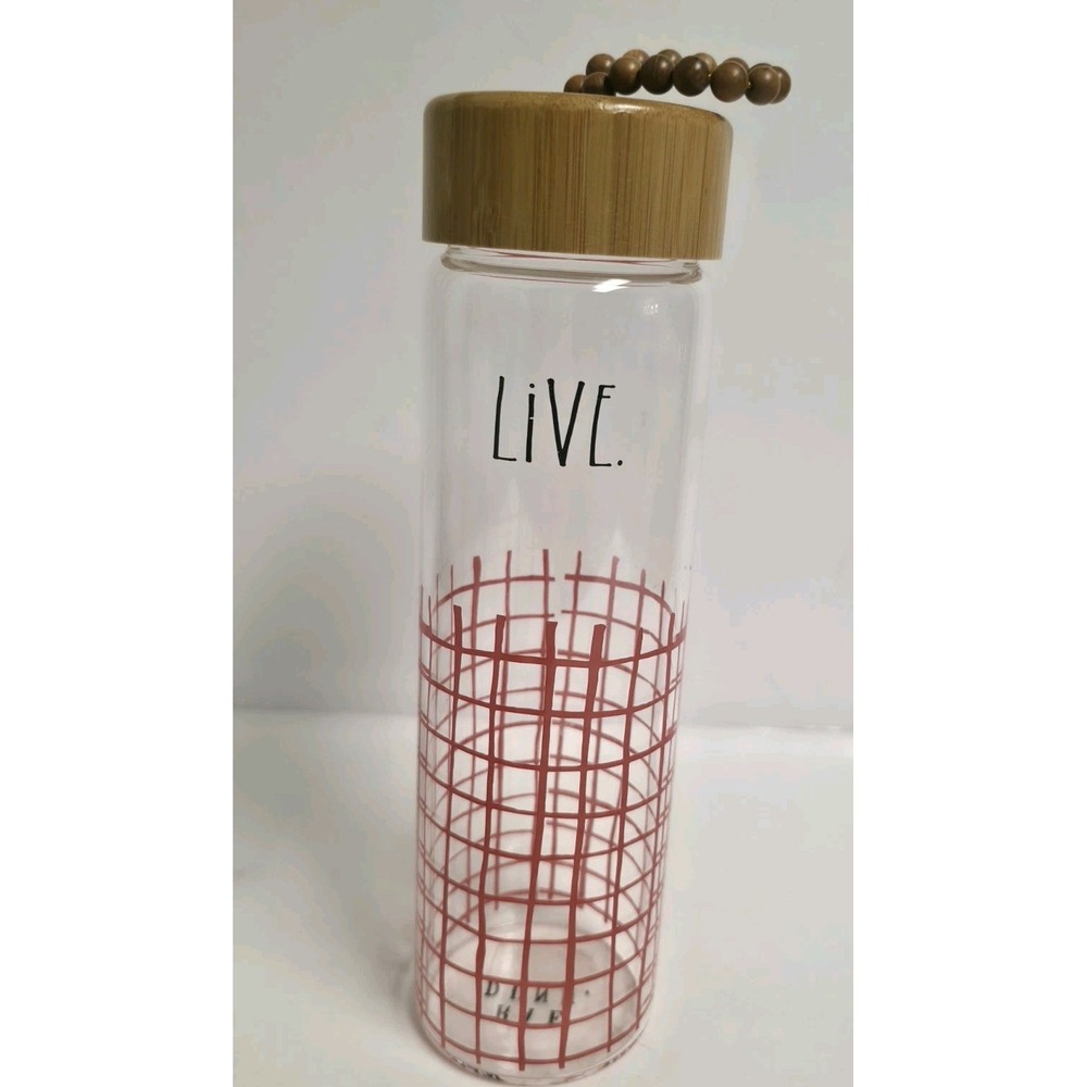Rae Dunn LIVE Glass Water Bottle Bamboo Lid Red Grid Mesh Lattice Beaded Strap